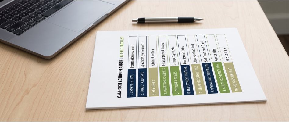 one-page campaign brief template for casino marketing teams showing 10 planning fields including objective, target segment, and success metrics.